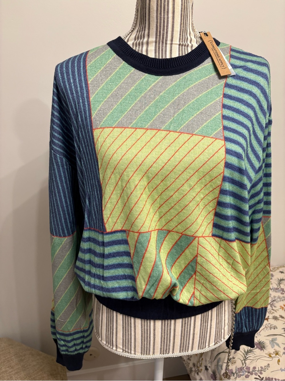 Conditions Apply ladies Striped Colorblock Crewneck Sweater Green& Blue Sz S NWT